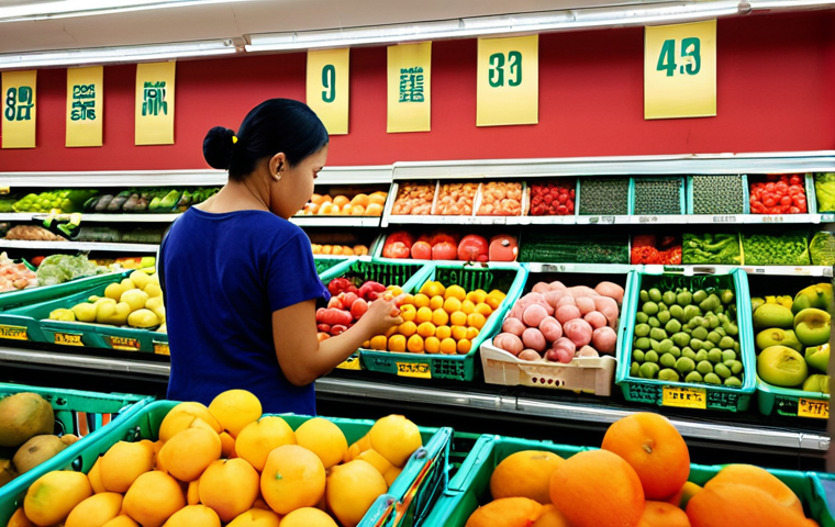 **

A vibrant supermarket scene. Focus on a shopper carefully selecting fresh, seasonal fruits and vegetables. Highlight the abundance and quality of the produce, emphasizing selection from a trusted vendor in a local market ("talat sot"). Consider using "Thai market", "fresh produce", and "seasonal fruits" in the prompt.

**